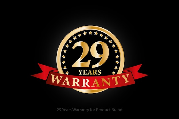 Logotipo de garantía dorada de 29 años con anillo y cinta roja aislada en fondo negro