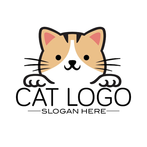 Logotipo de gato de dibujos animados con bigotes y patas Diseño de logotipo de gato juguetón Logotipo de mascota de gato con sonrisa