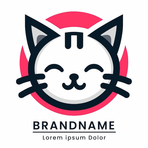 logotipo de gato lindo sonriente con orejas puntiagudas rodeado por un círculo rojo de color rojo blanco y negro