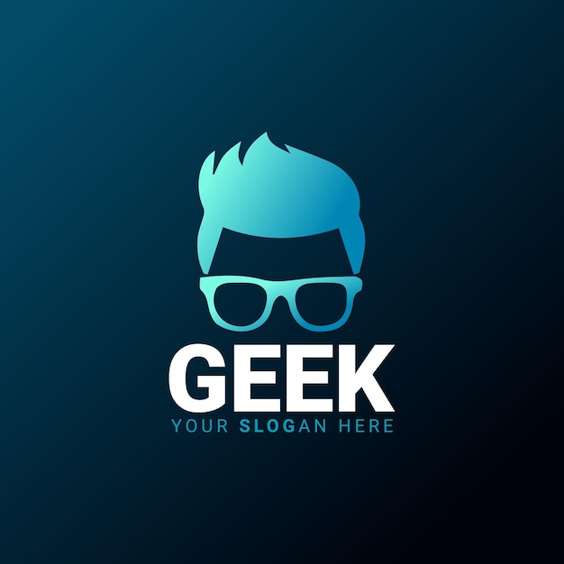 Vector logotipo de geek moderno con cabello azul y gafas de sol