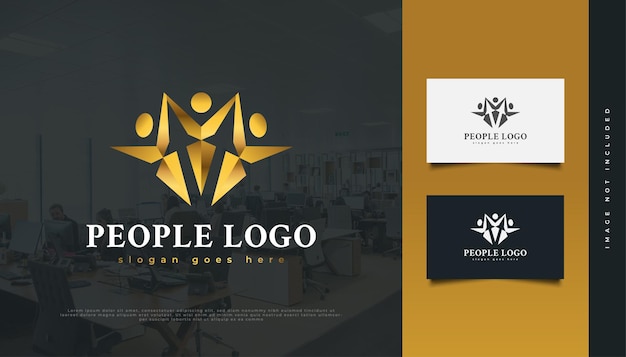 Logotipo de la gente de oro. Personas, comunidad, red, centro creativo, grupo, logotipo de conexión social o icono de identidad empresarial