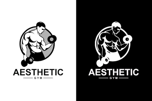 Vector logotipo de gimnasio en círculo con ilustración de ejercicio de hombre atlético