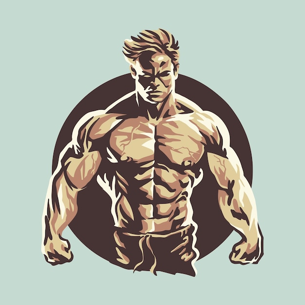 Un logotipo de gimnasio y fitness con un hombre con un gran bíceps en el pecho