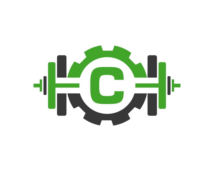 Vector logotipo del gimnasio en la letra c icono del club de fitness con equipo de ejercicio