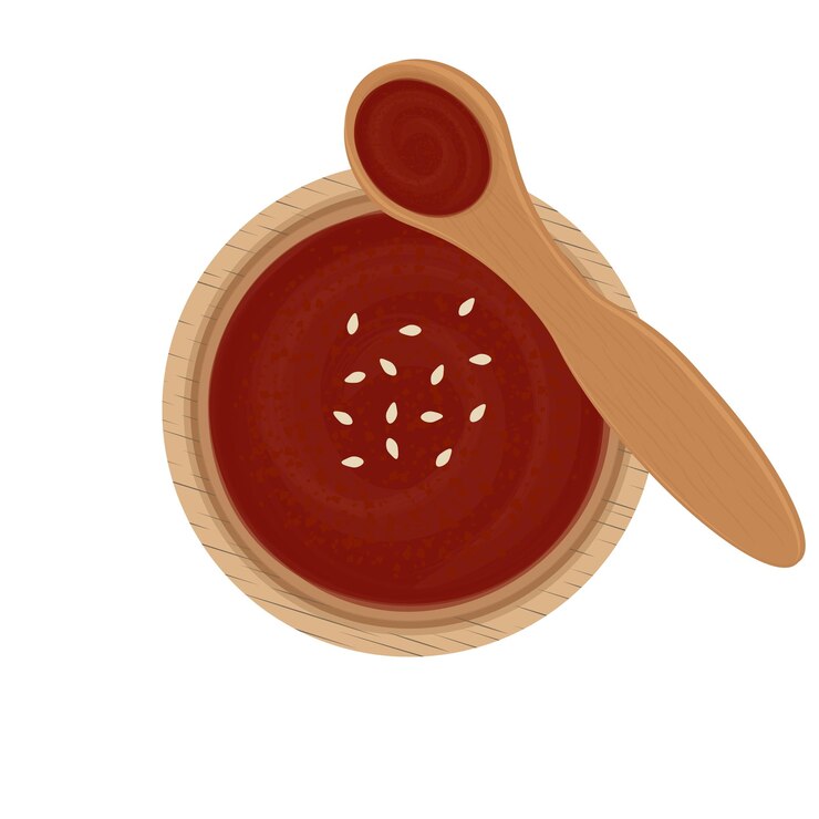 El logotipo de Gochujang en un cuenco de madera con ilustración vectorial