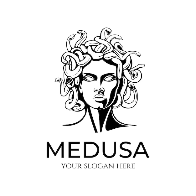 Logotipo de gorgona Medusa Cabeza de mujer con serpientes Amuleto protector Logotipo para diferentes direcciones Imagen vectorial