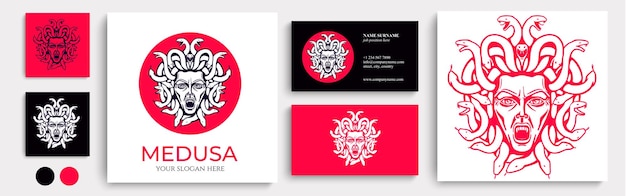 Logotipo de gorgona Medusa Cabeza de mujer con serpientes Amuleto protector Logotipo para diferentes direcciones Imagen vectorial