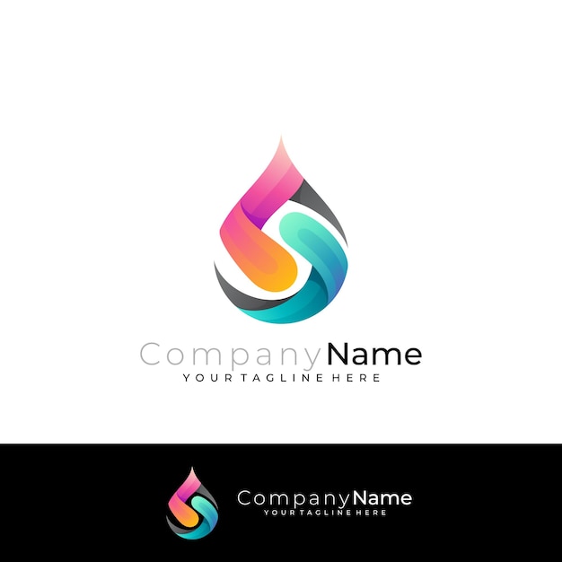 Logotipo de gota de agua y combinación de diseño de la letra S iconos coloridos en 3D