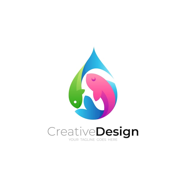Vector logotipo de gota de agua y combinación de diseño de peces color azul