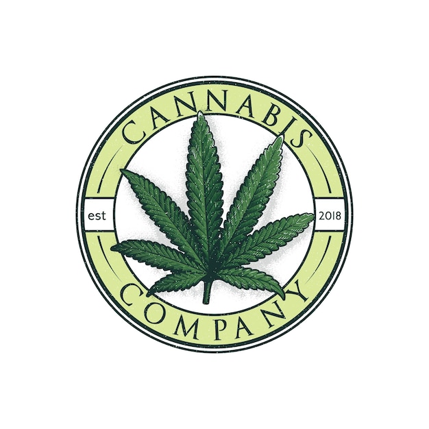 Logotipo grabado de hoja de cannabis de color Etiqueta en estilo grunge vintage Diseño gráfico Ilustración vectorial