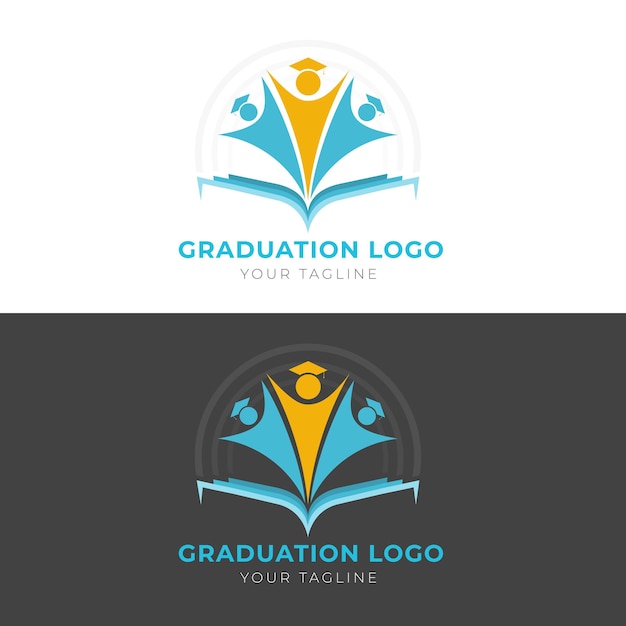 Logotipo de graduación con tres personajes, sombrero de graduación y libro abierto