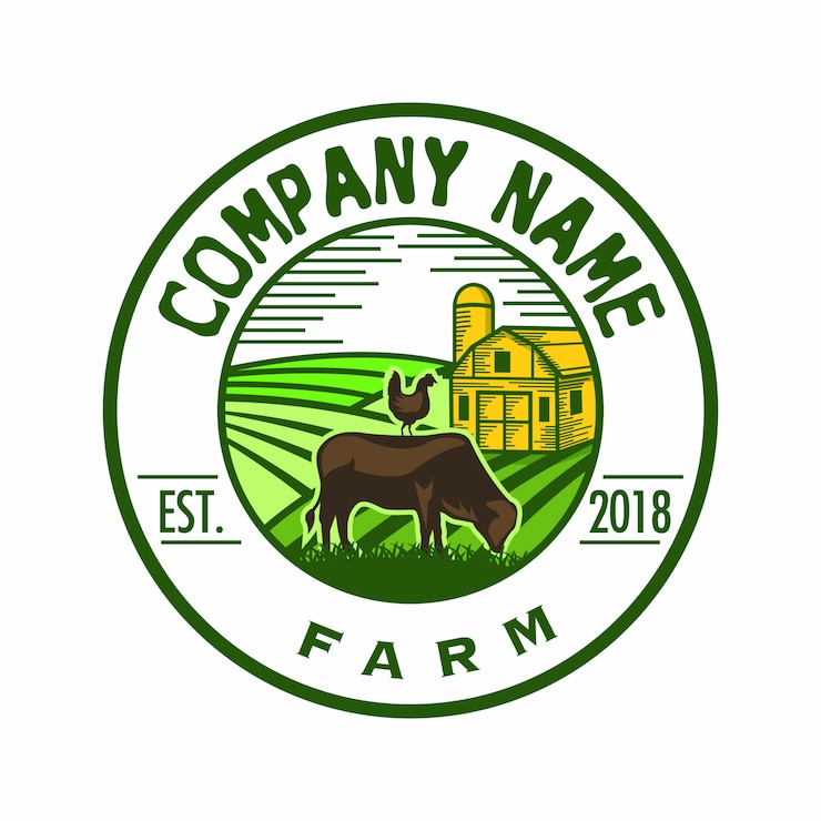 Vector logotipo de la granja clásica con colinas como fondo