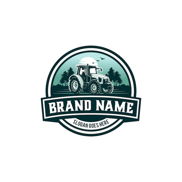 Logotipo de granja con fondo de tractor y naturaleza en estilo retro