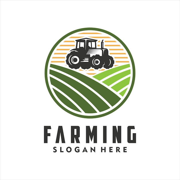 logotipo de granja con fondo de tractor y naturaleza plantilla de diseño de logotipo de máquina agrícola agrícola
