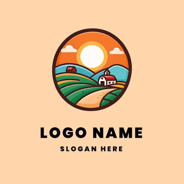 logotipo granja plana y campo con amanecer