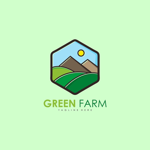 un logotipo para la granja verde con montañas en el fondo