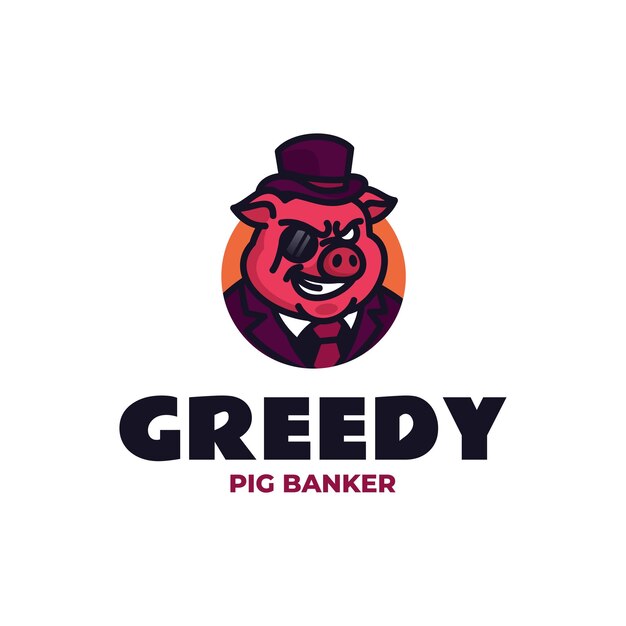 El logotipo de Greedy Pig Banker es una mascota de negocios divertida para las marcas de criptojuegos financieros.