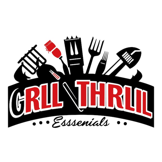 Vector el logotipo de grill n thrill con bbq essentials