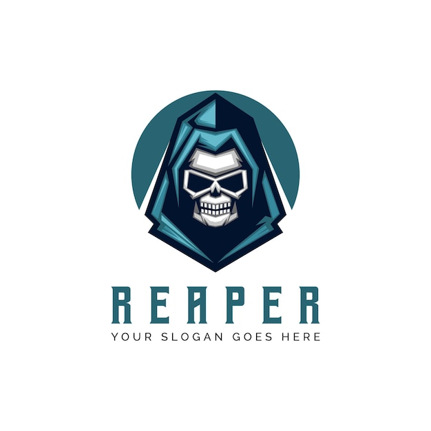 Logotipo de Grim Reaper Cráneo en diseño de estilo moderno Para diseño de logotipo de mascota en plantilla de logotipo de mascota de placa moderna
