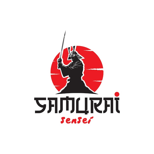 El logotipo del guerrero samurai, la espada katana frente al sol naciente rojo, el diseño vectorial japonés del bushido
