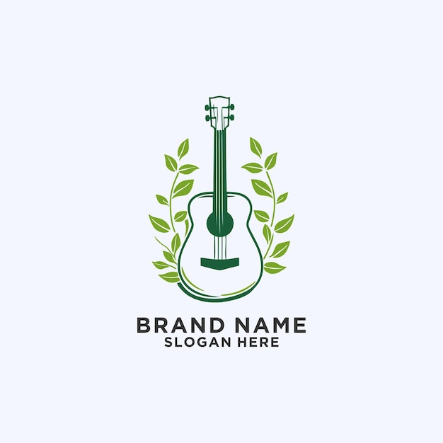 El logotipo de la guitarra natural eco la hoja de la guitarra el diseño de la ilustración del icono vectorial del logotipo natural