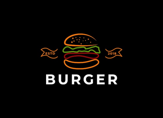 Logotipo de hamburguesa vectorial dibujado a mano sobre fondo negro