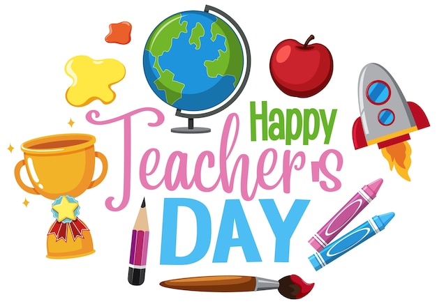 Logotipo de happy teacher's day con conjunto de elementos estacionarios