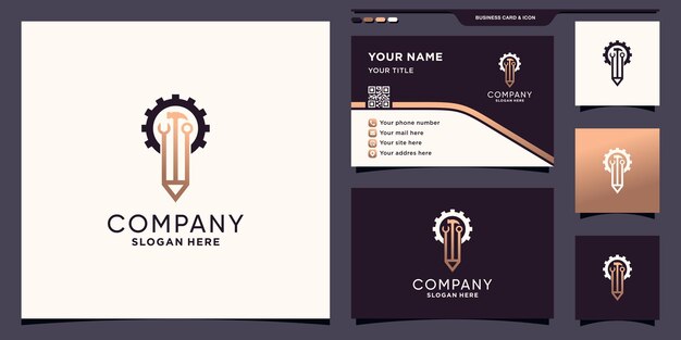 Logotipo de herramientas de lápiz y mecánico con un concepto moderno único y diseño de tarjeta de visita Vector Premium
