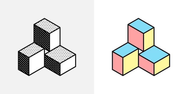 Logotipo hexagonal isométrico Signo de ilusión óptica Iconos retro 3D con lunares blancos y negros y opciones de colores Vector forma imposible para etiquetas de semitono carteles vintage de la empresa criptográfica