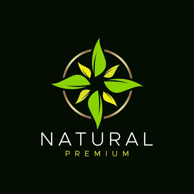 Logotipo de hoja abstracta con círculo de contorno dorado