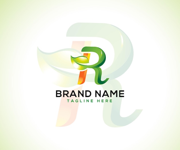 Logotipo de hoja y concepto de logotipo 3d letra inicial R