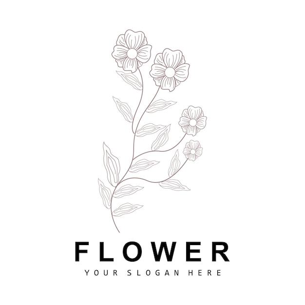 Logotipo de hoja y flor botánica simple Vector Estilo de línea natural Diseño de decoración Banner Flyer Invitación de boda y marca de producto
