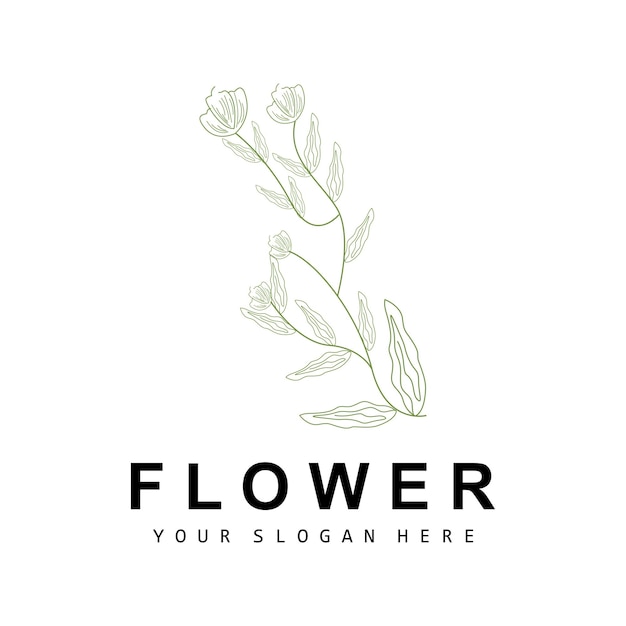 Logotipo de hoja y flor botánica simple Vector Estilo de línea natural Diseño de decoración Banner Flyer Invitación de boda y marca de producto