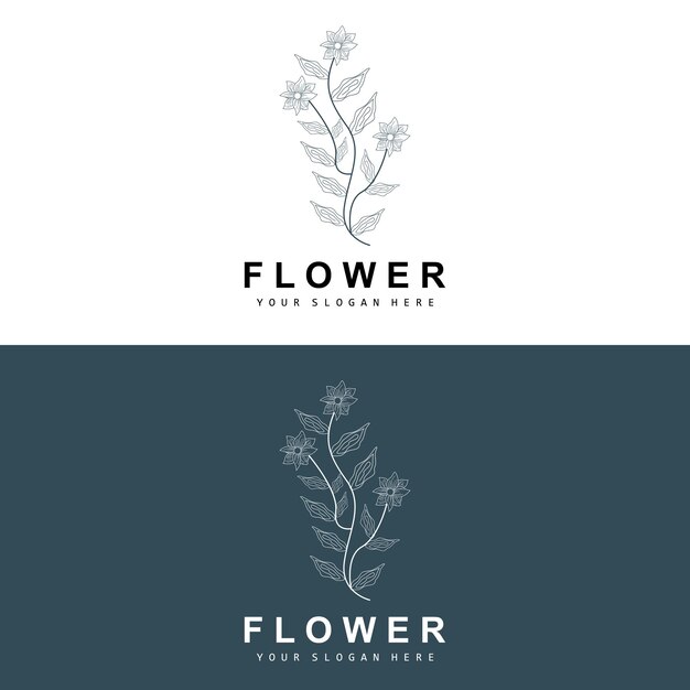 Logotipo de hoja y flor botánica simple Vector Estilo de línea natural Diseño de decoración Banner Flyer Invitación de boda y marca de producto