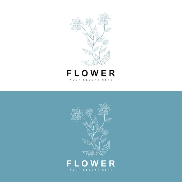 Logotipo de hoja y flor botánica simple Vector Estilo de línea natural Diseño de decoración Banner Flyer Invitación de boda y marca de producto