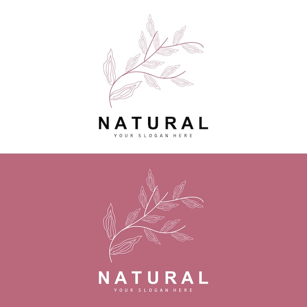Logotipo de hoja y flor botánica simple Vector Estilo de línea natural Diseño de decoración Banner Flyer Invitación de boda y marca de producto