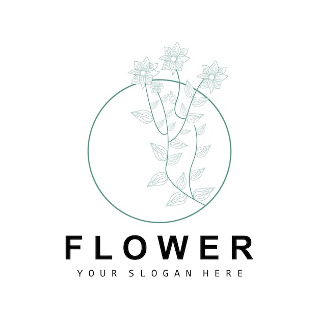 Logotipo de hoja y flor botánica simple Vector Estilo de línea natural Diseño de decoración Banner Flyer Invitación de boda y marca de producto