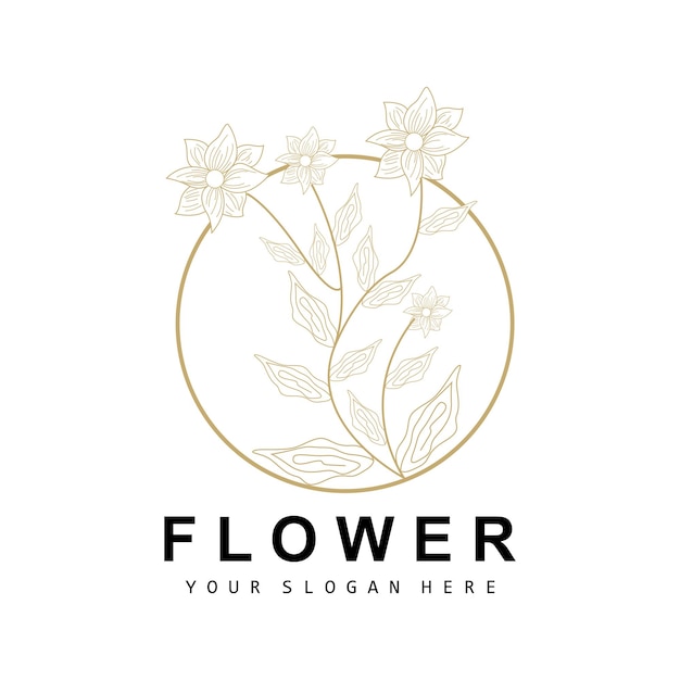 Logotipo de hoja y flor botánica simple Vector Estilo de línea natural Diseño de decoración Banner Flyer Invitación de boda y marca de producto