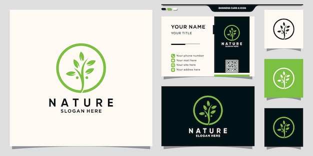Logotipo de hoja de naturaleza con arte de línea circular y diseño de tarjeta de visita Vector Premium