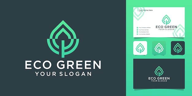 Logotipo de hoja verde con plantilla de diseño de logotipo de estilo de línea y tarjeta de visita