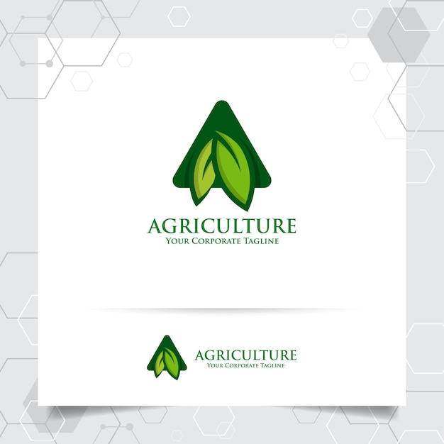 Logotipo de hoja verde con símbolo de triángulo detrás para agricultura