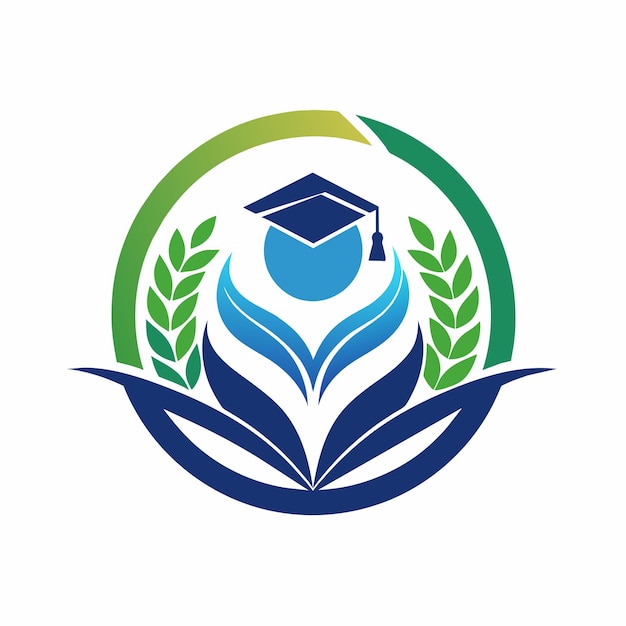 Un logotipo con hojas en tonos azules y verdes con un símbolo de gorra de graduación incorporado Un diseño de logotipo elegante y minimalista para una startup de tecnología de vanguardia