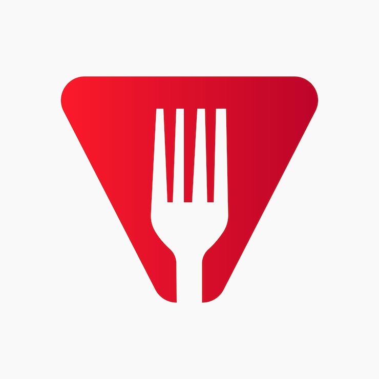 Vector logotipo de la horquilla en la letra v con el símbolo de la cocina y el restaurante