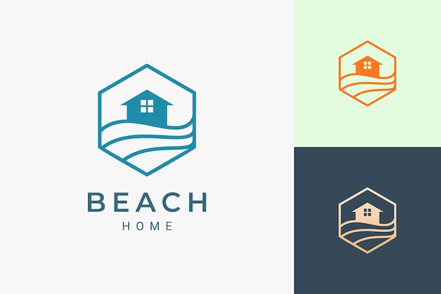 Logotipo de hotel temático de mar o playa en línea simple y forma hexagonal
