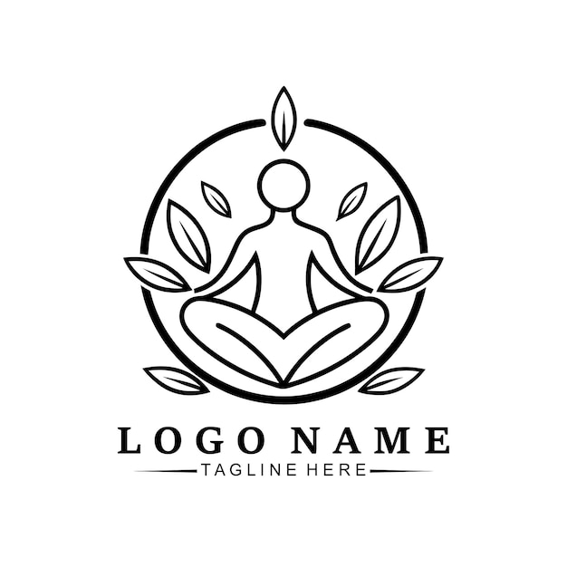 Un logotipo de icona de arte de línea de una persona de YOGA con hojas