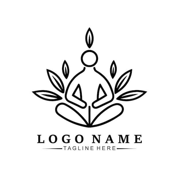 Un logotipo de icona de arte de línea de una persona de YOGA con hojas