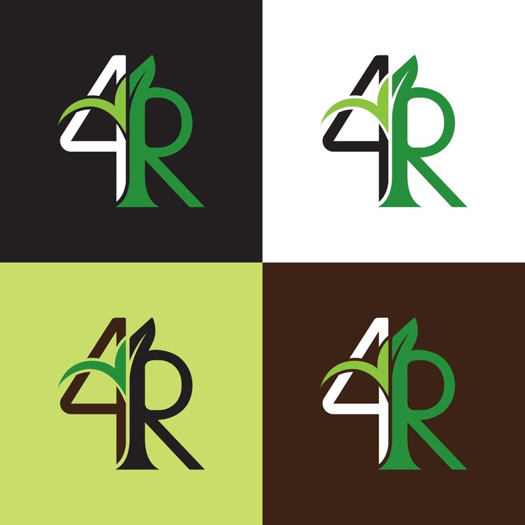 Logotipo icónico de la empresa de cuidado del césped 4R con hojas y raíces de árboles