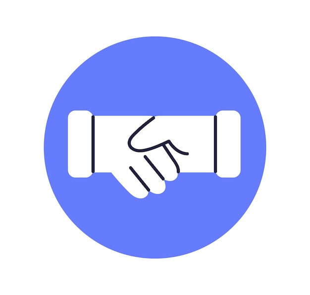 El logotipo del icono del apretón de manos, el apretones de manos en círculo, el respeto y la asociación, el acuerdo de negocios, la pegatina redonda, la cooperación, los socios profesionales corporativos, la ilustración vectorial plana aislada sobre un fondo blanco.