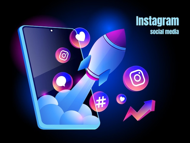 Logotipo de icono de instagram y concepto de promoción de redes sociales de cohetes