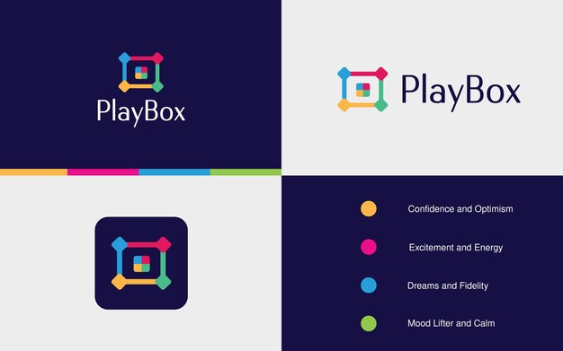 Logotipo, icono, monograma, insignias, emblema de PlayBox abstracto moderno y colorido perfecto para video o película.